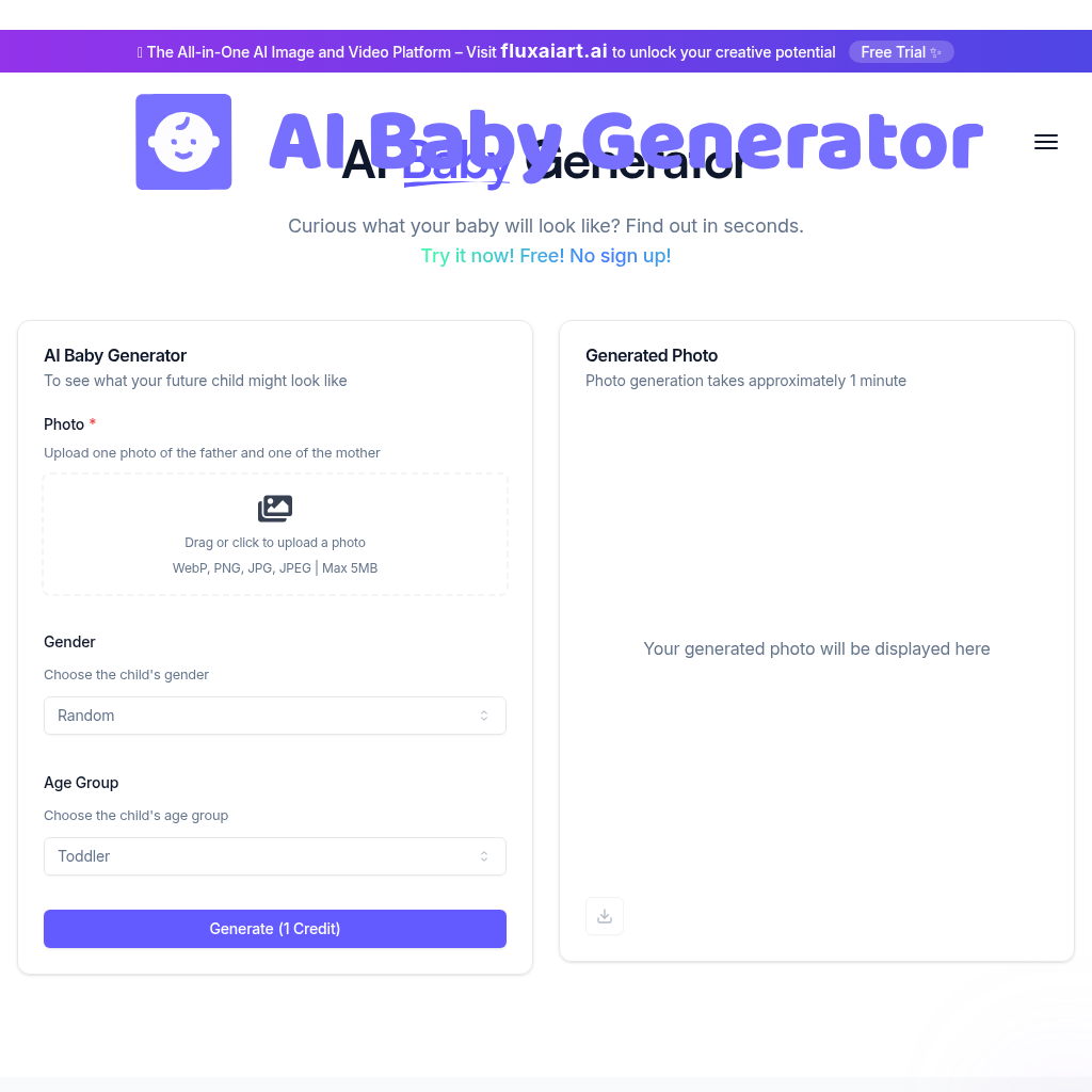 AI Baby Generator: Create your future baby’s face in seconds with our AI Baby Generator. 