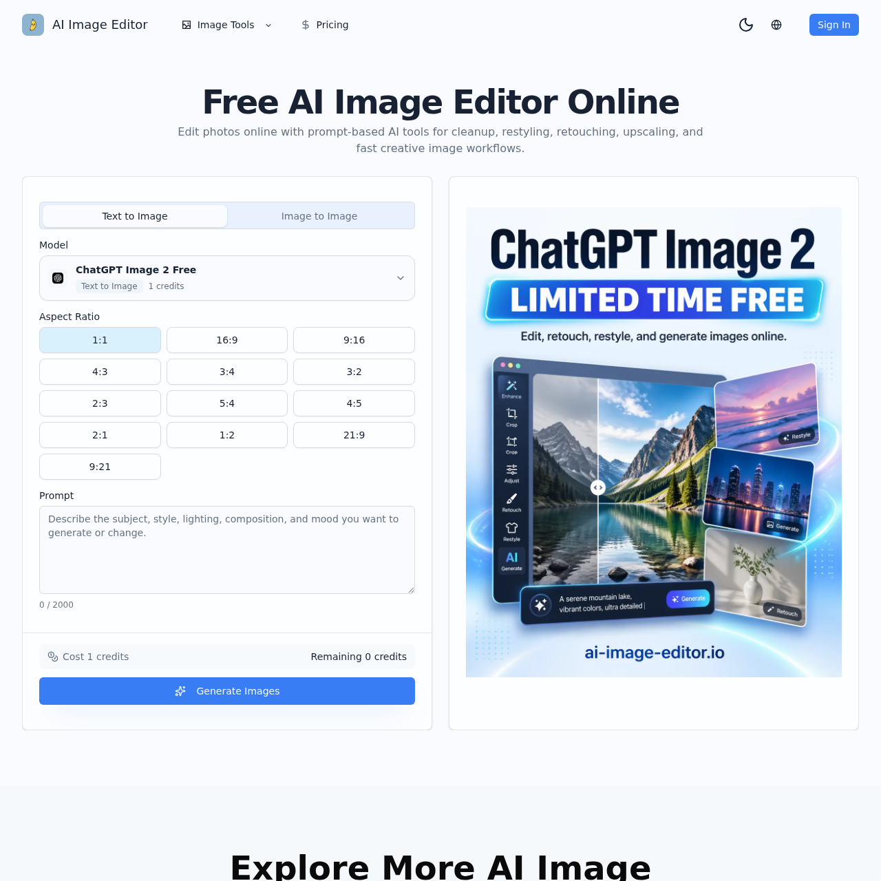 Edit photos online with AI-driven tools for retouching, restyling, cleanup, and creative image generation.