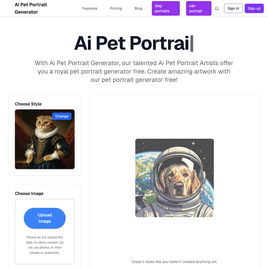 Ai Pet Portrait Generator: Create amazing artwork with our pet portrait generator, free, or upgrade to unlock premium styles and features