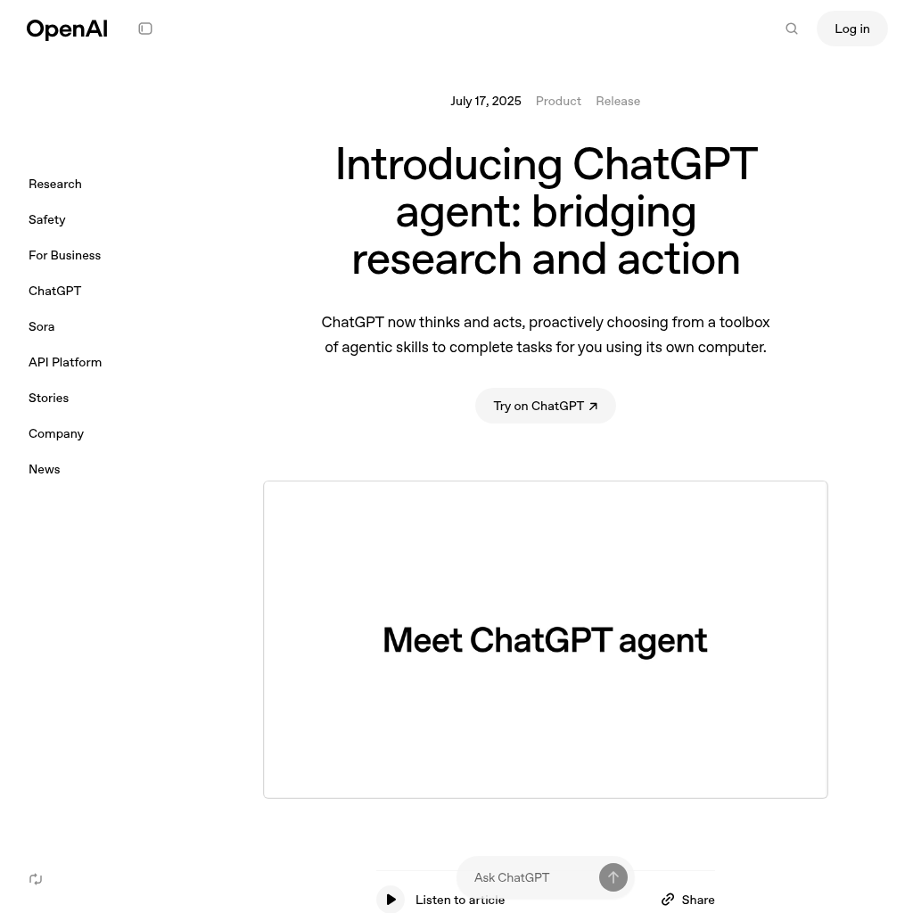 ChatGPT agent: Bridging Research and Action