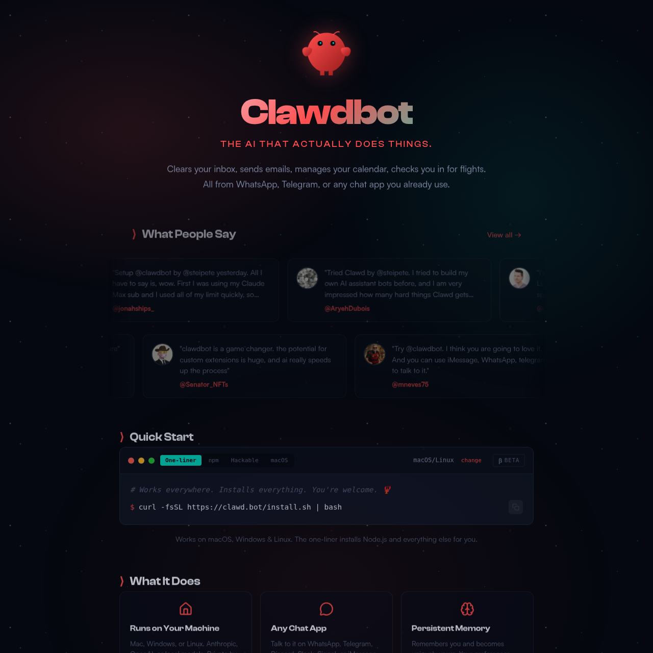 Clawdbot: Clawdbot: Your Personal AI Assistant That Actually Does Things. Available on Any Platform.