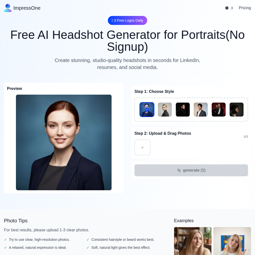 ImpressOne AI Headshot Generator: Create Professional Headshots For Free