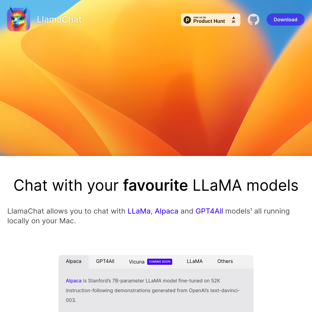 Enhance your with your favorite LLaMA, Alpaca, and GPT4All models on LlamaChat.
