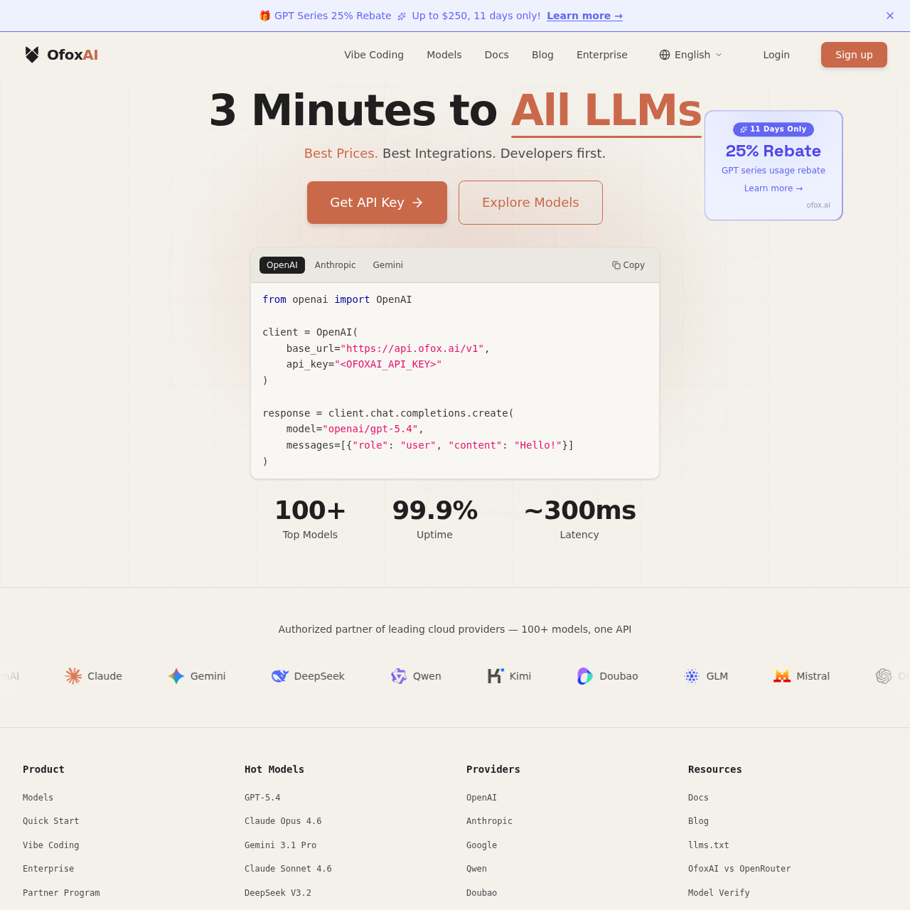 OfoxAI - One API for GPT/Claude/Gemini + 100 LLMs