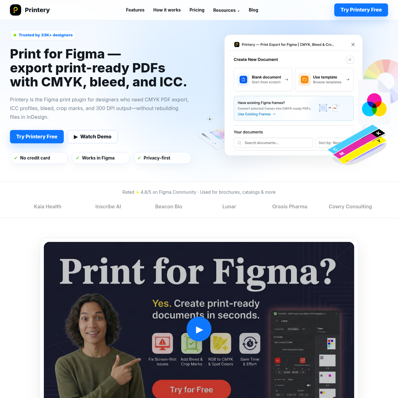 Export print-ready PDFs from Figma with CMYK, bleed, and ICC profiles for professional printing.