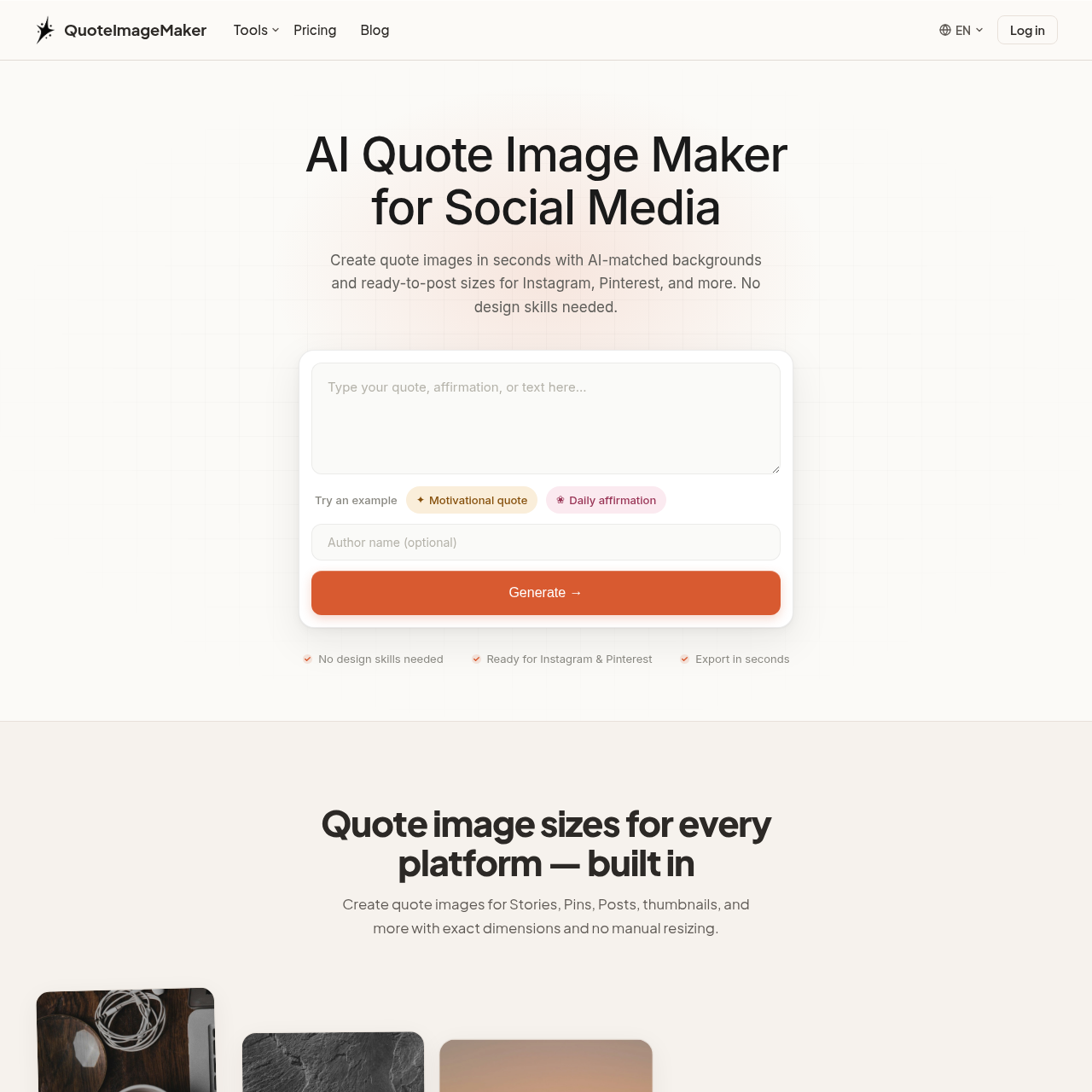 Transform quotes into stunning social media visuals with AI-matched backgrounds and ready-to-post sizes.