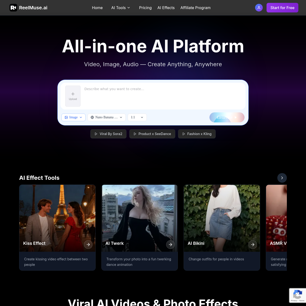 ReelMuse.ai: Create anything with AI. Generate videos, images, and audio with ReelMuse.ai's powerful AI tools. 