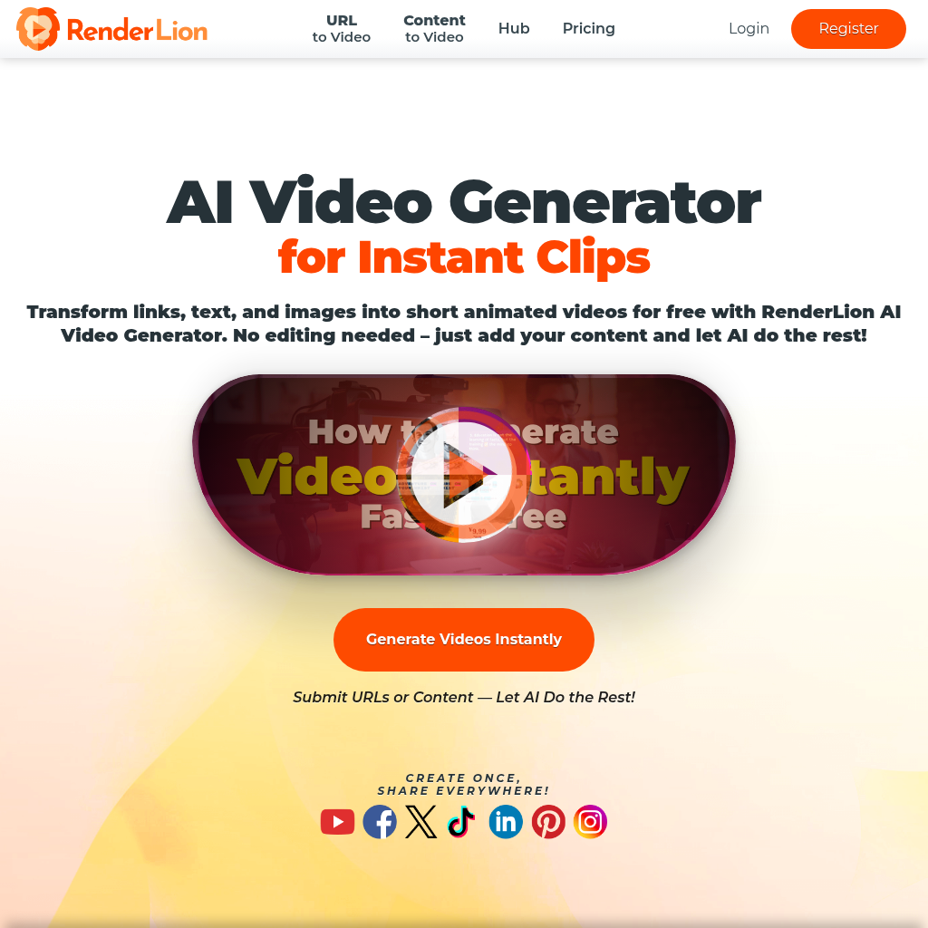 RenderLion AI Video Generator: Transform links, text, and images into short animated videos for free. 