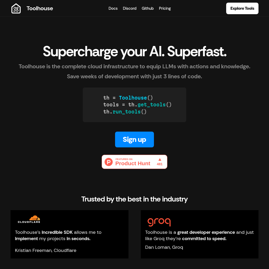 Toolhouse: Deploy smarter AI in one click with Toolhouse, saving you weeks of development with just 3 lines of code