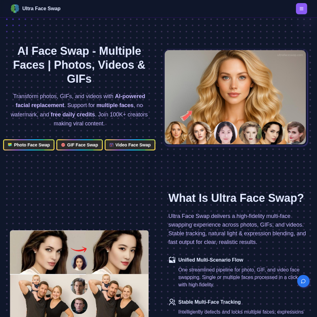 Ultra Face Swap: Swap faces in photos, videos & GIFs with AI. Professional quality face swap tool. Try now!