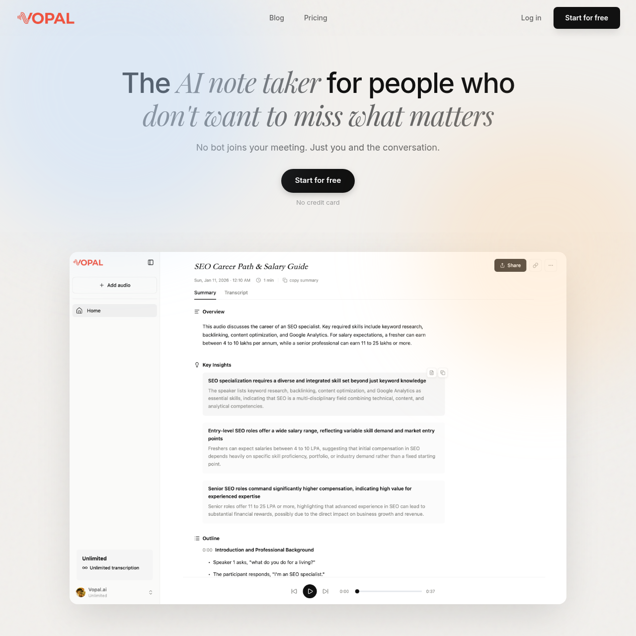 AI Note Taker | Bot-Free Meeting Transcription - Vopal