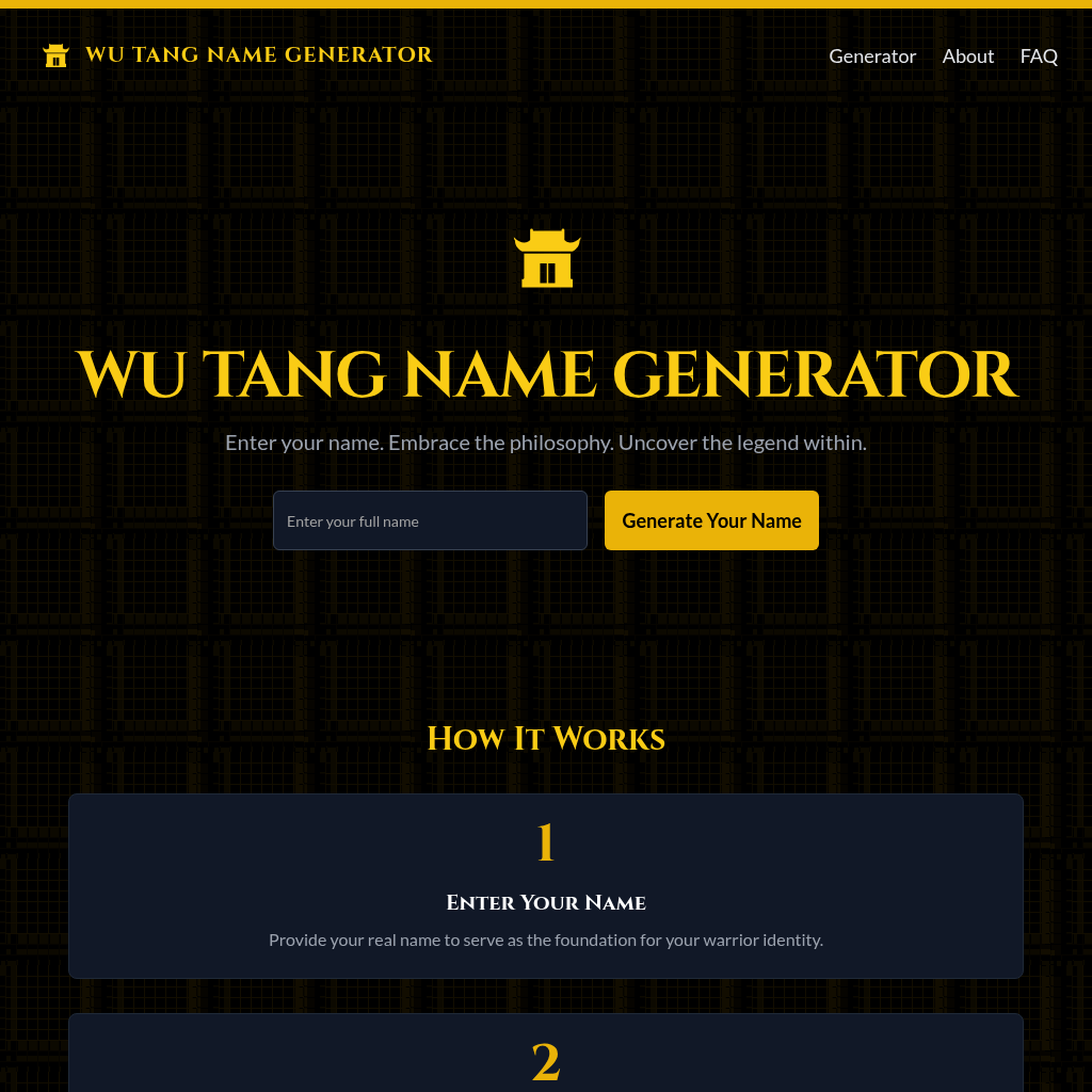 Wu Tang Name Generator: Discover your inner legend with the Wu Tang Name Generator. Create your unique warrior persona inspired by the legendary hip-hop group.