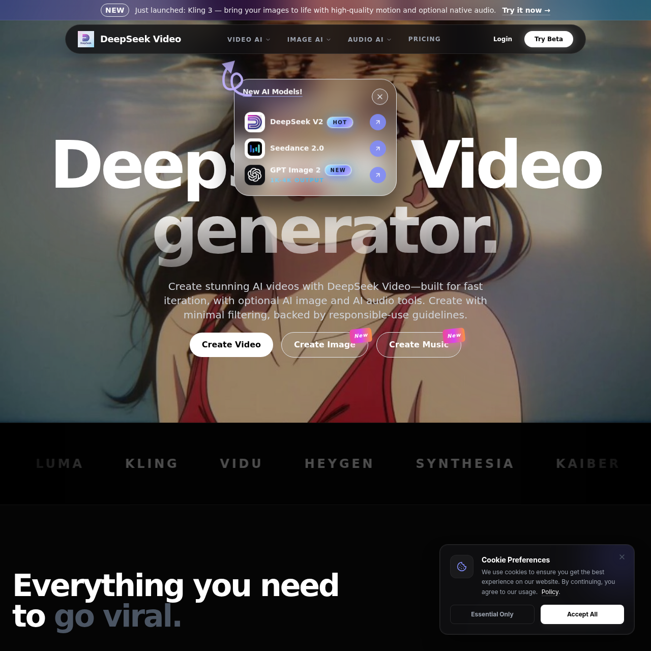 Create stunning videos from text prompts and images with AI image and audio tools. Create stunning videos from text prompts and images with AI image and audio tools.