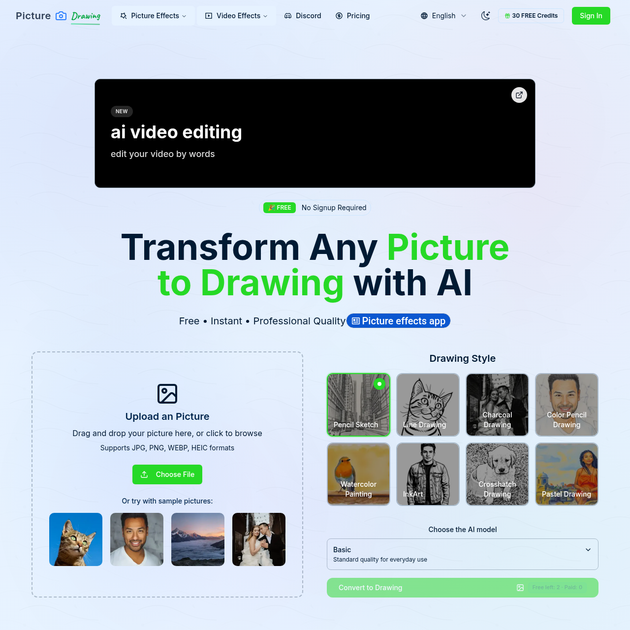 Transform photos into artistic drawings instantly with free AI technology. Transform photos into artistic drawings instantly with free AI technology.